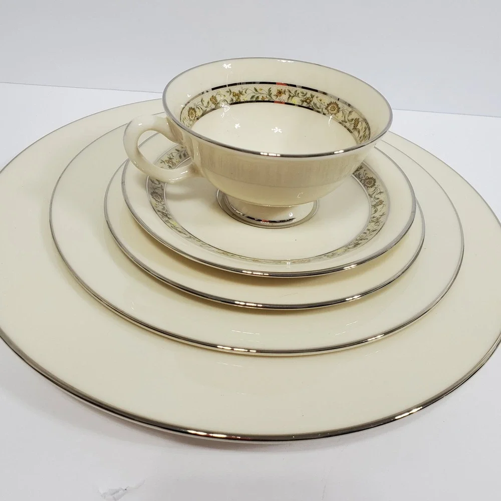 Lenox Springdale Cup Saucer Salad Dinner & Bread Plates 5 Pieces Platinum Trim